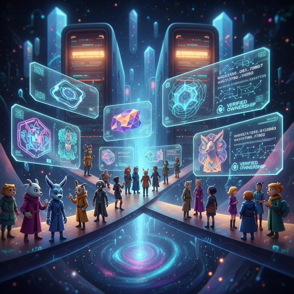 Avatares em uma galeria de arte digital observando NFTs em telas, ilustrando o conceito de propriedade de ativos digitais verificáveis através da blockchain.