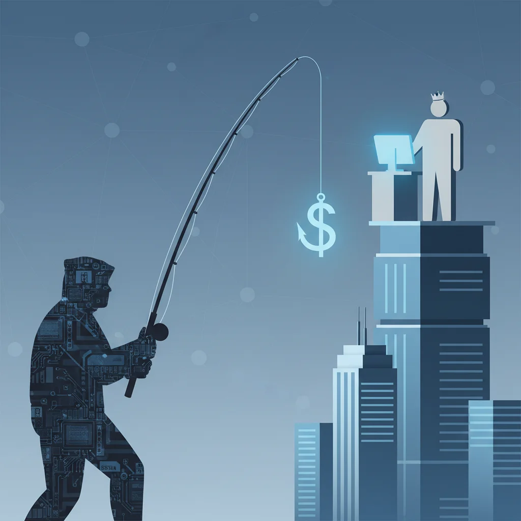 Ilustração de um ataque de whaling com um hacker pescando um executivo em seu escritório.