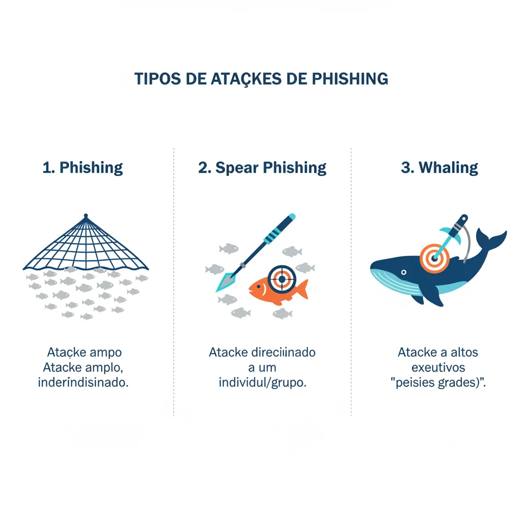 Infográfico comparando Phishing, Spear Phishing e Whaling com analogias de pesca.