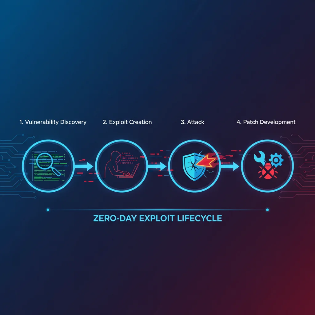 Infográfico mostrando a linha do tempo de um ataque zero-day, desde a descoberta da falha até a criação da correção.
