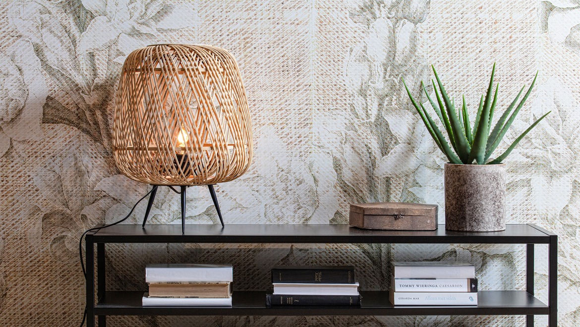 Sfeervolle lamp tafelmodel in gevlochten bamboe