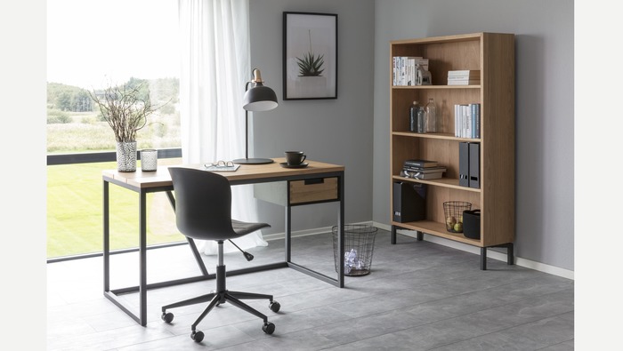 Bureau zwart metaal met lade en houten blad