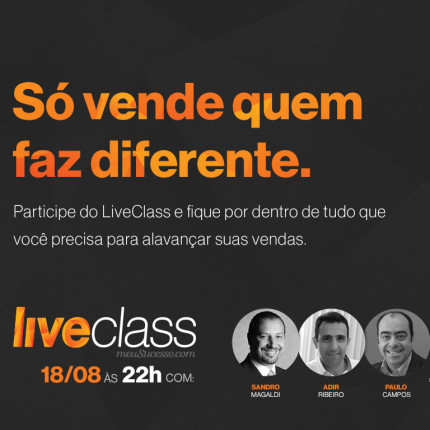 HOJE ÀS 22H00 LIVECLASS ABERTO SOBRE INOVAÇÃO E VENDAS. NÃO PERCA!!