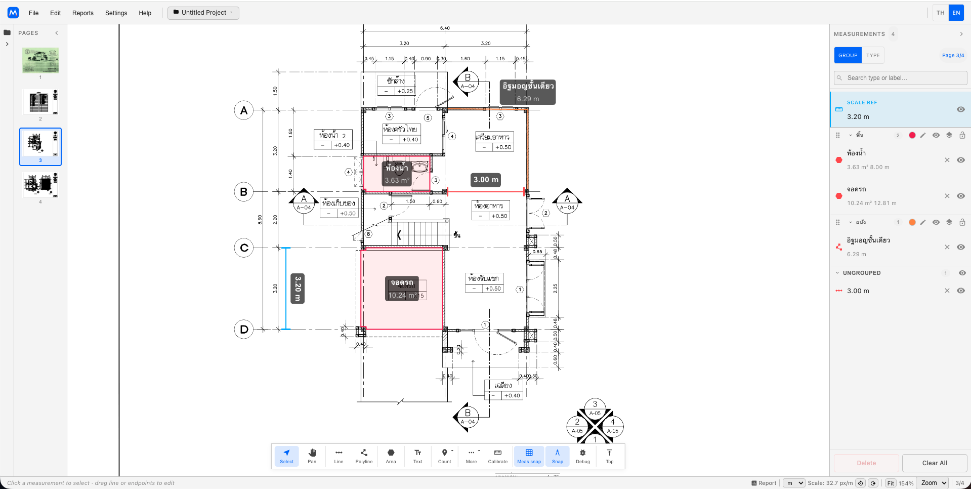 Real screen capture of Meysure taking measurements on construction drawings