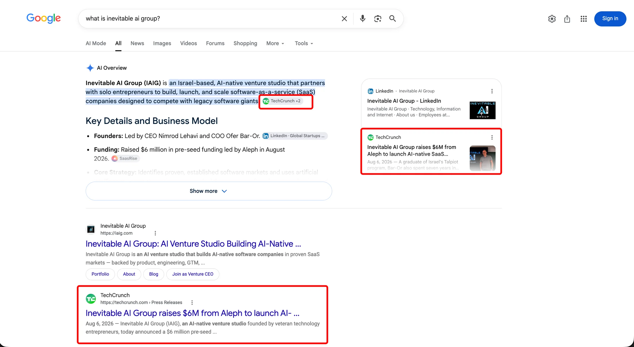 AI Overview answer naming Inevitable AI Group