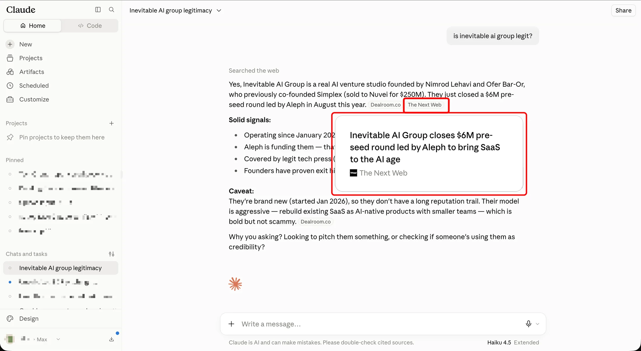 Claude answer naming Inevitable AI Group
