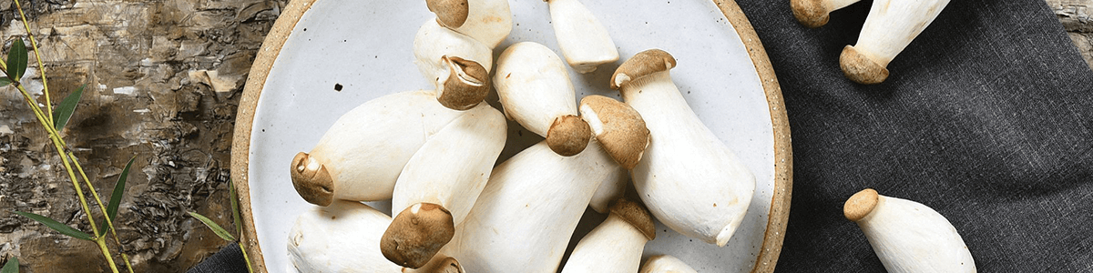 Image of mini king oyster mushrooms in a white bowl