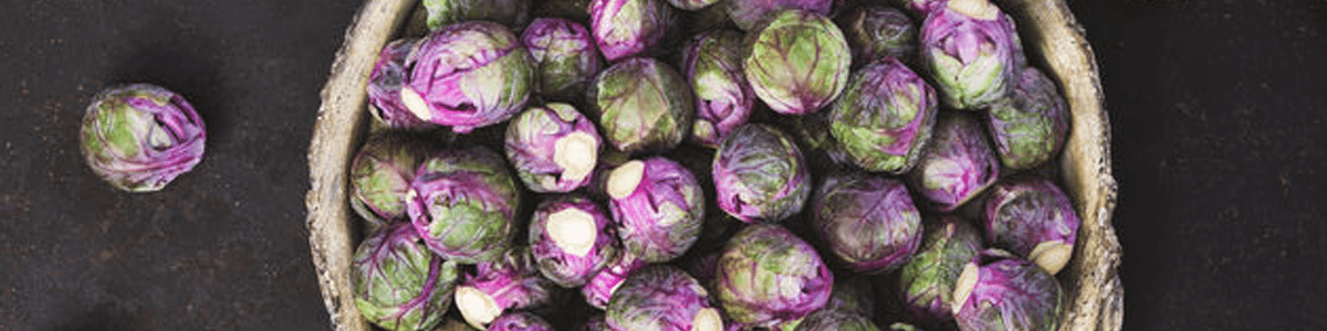 Many purple Brussels sprouts in a bowl