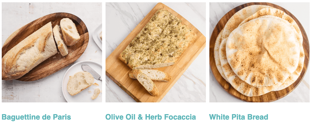 Baguettine de Paris, Olive Oil and Herb Focaccia, White Pita Bread