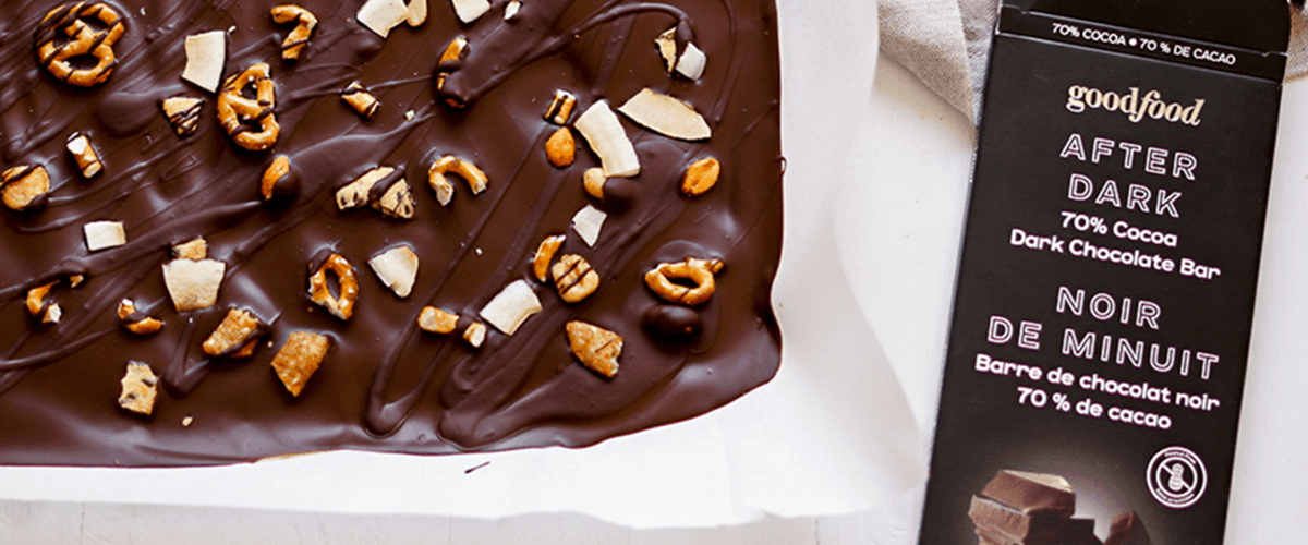 Chocolate bark made with Goodfood chocolate and Salty Snack Mix