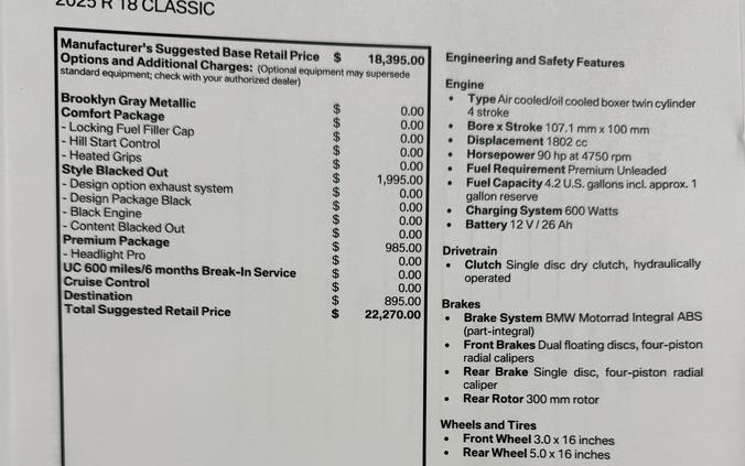 2025 BMW R 18 Classic - BLACKED OUT PKG - BROOKLYN GRAY METALLIC.. DEMO!!