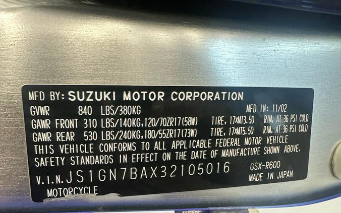 2003 Suzuki Motor of America Inc. GSX-R600