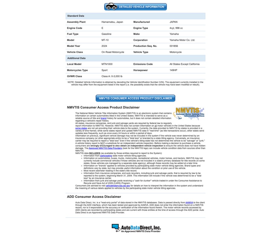 2024 Yamaha Motor Corp., USA MT-10