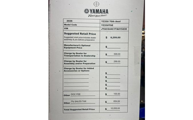 2026 Yamaha YZ250 70TH ANNIVERSARY EDITION