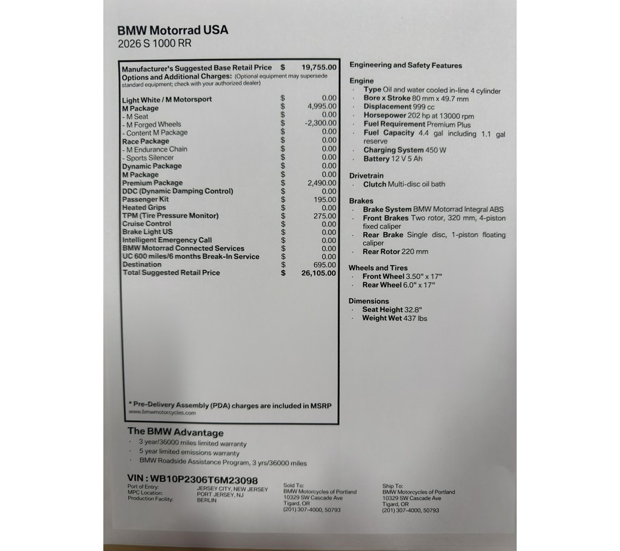 2026 BMW S 1000 RR - LIGHT WHITE / M MOTORSPORT - SALE PENDING