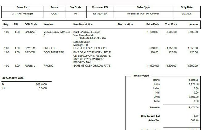 2024 ES 350, $8773.40 OTD w IN7% sales tax - GASGAS