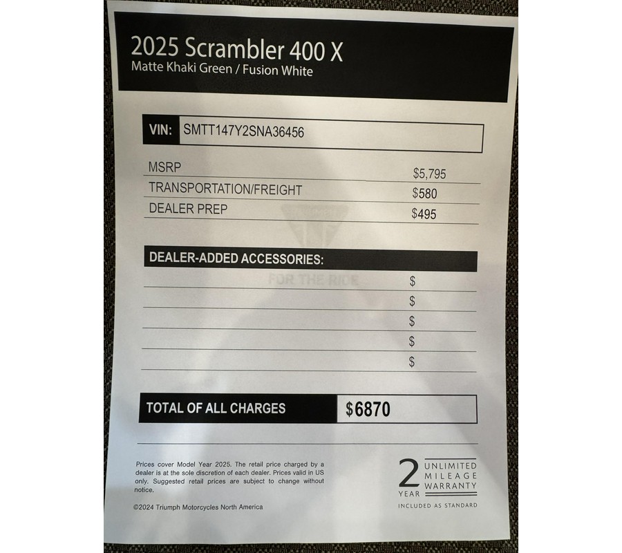 2025 Triumph SCRAMBLER 400 X - MATTE KHAKI GREEN - FUSION WHITE