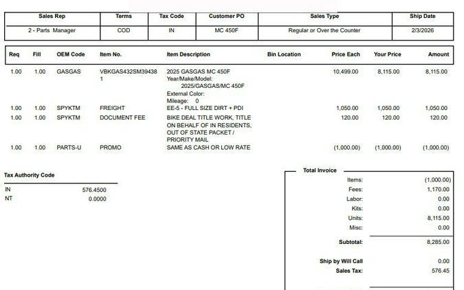 2025 MC 450F, $8,861.45 Total Out The Door with 7% sales tax - GASGAS