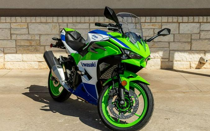 New 2024 KAWASAKI NINJA 500 SE 40TH ANNIVERSARY EDITION LIME GREEN AND PEARL CRYSTAL WHITE AND BLUE