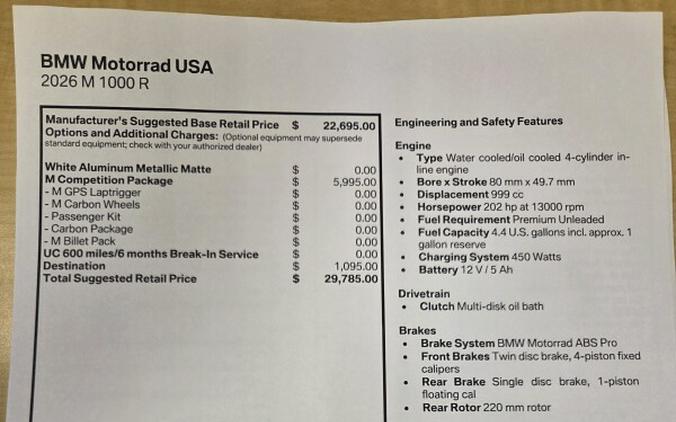 2026 BMW Motorrad M 1000 R White Aluminum Metallic Matte - $750 Cash Rebate
