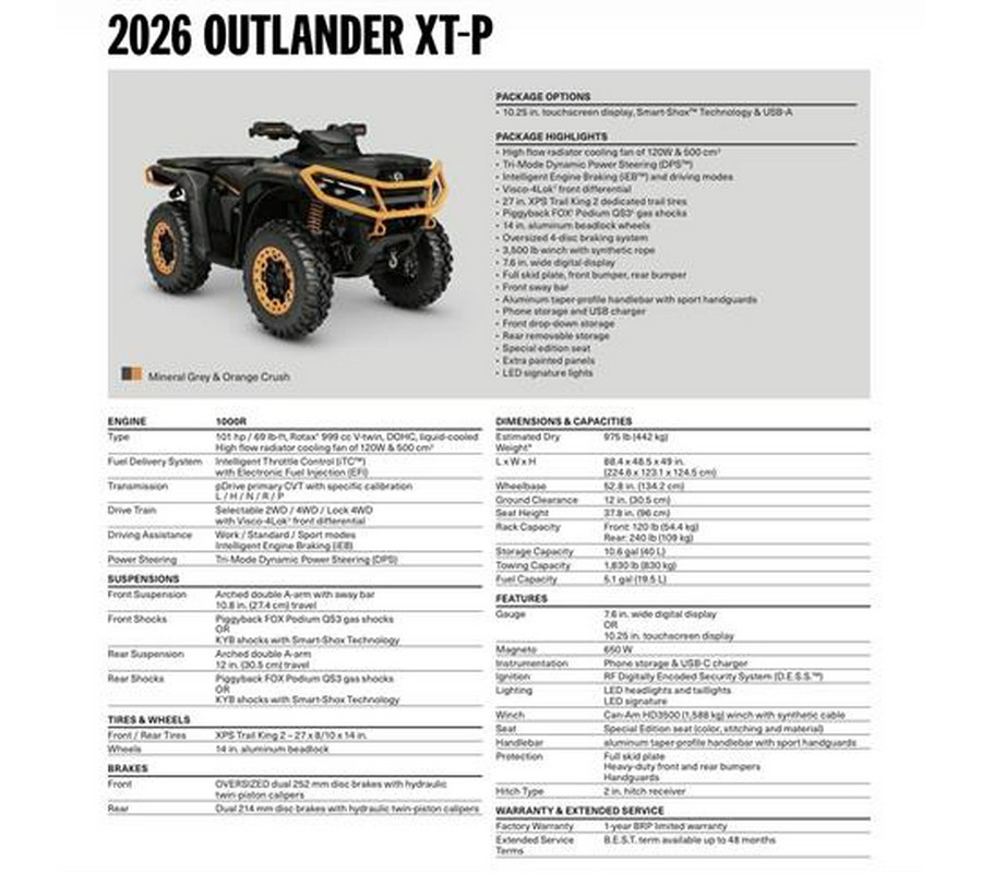 2026 Can-Am Outlander XT-P 1000R Smart-Shox with 10.25 in. touchscreen display