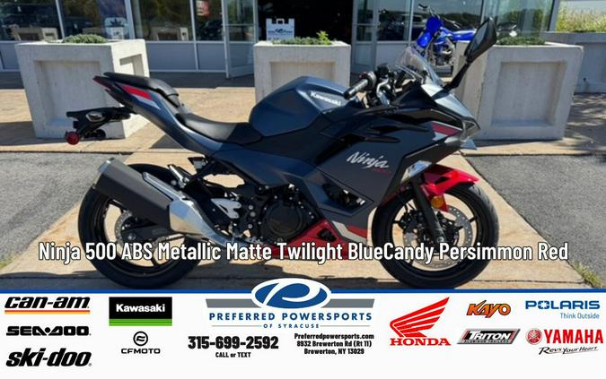 2026 Kawasaki Ninja 500 SE ABS Metallic Matte Twilight Blue/Candy Persimmon Red