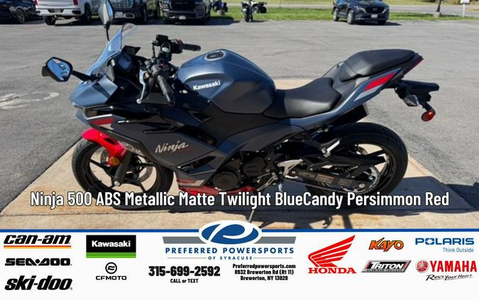 2026 Kawasaki Ninja 500 SE ABS Metallic Matte Twilight Blue/Candy Persimmon Red