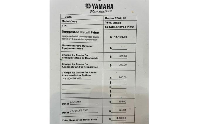 2026 RAPTOR 700R SE - Yamaha