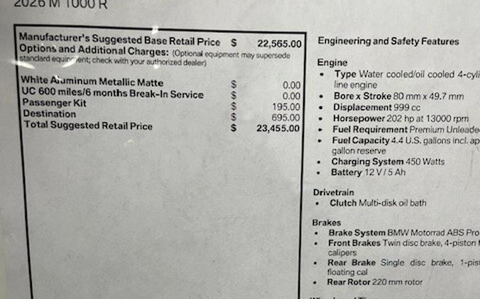 2026 M 1000 R WHITE ALUMINUM METALLIC MATTE
