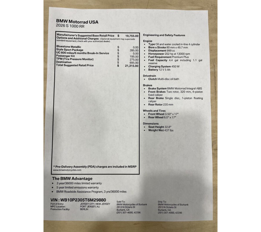 2026 BMW S1000 RR BLUESTONE METALLIC
