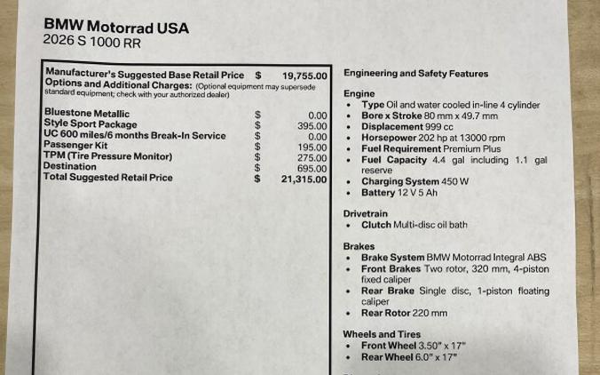 2026 BMW S1000 RR BLUESTONE METALLIC