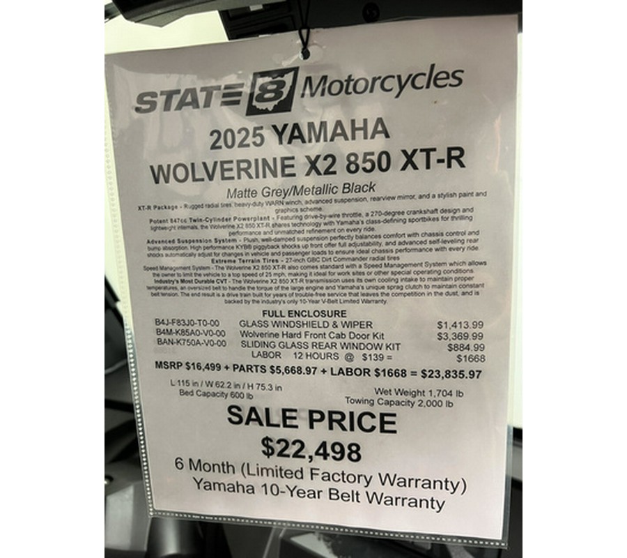 2025 Yamaha Wolverine X2 850 XT-R (YXE85WTZSB) + HARD ENCLOSUR