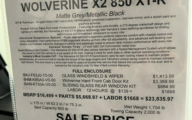 2025 Yamaha Wolverine X2 850 XT-R (YXE85WTZSB) + HARD ENCLOSUR