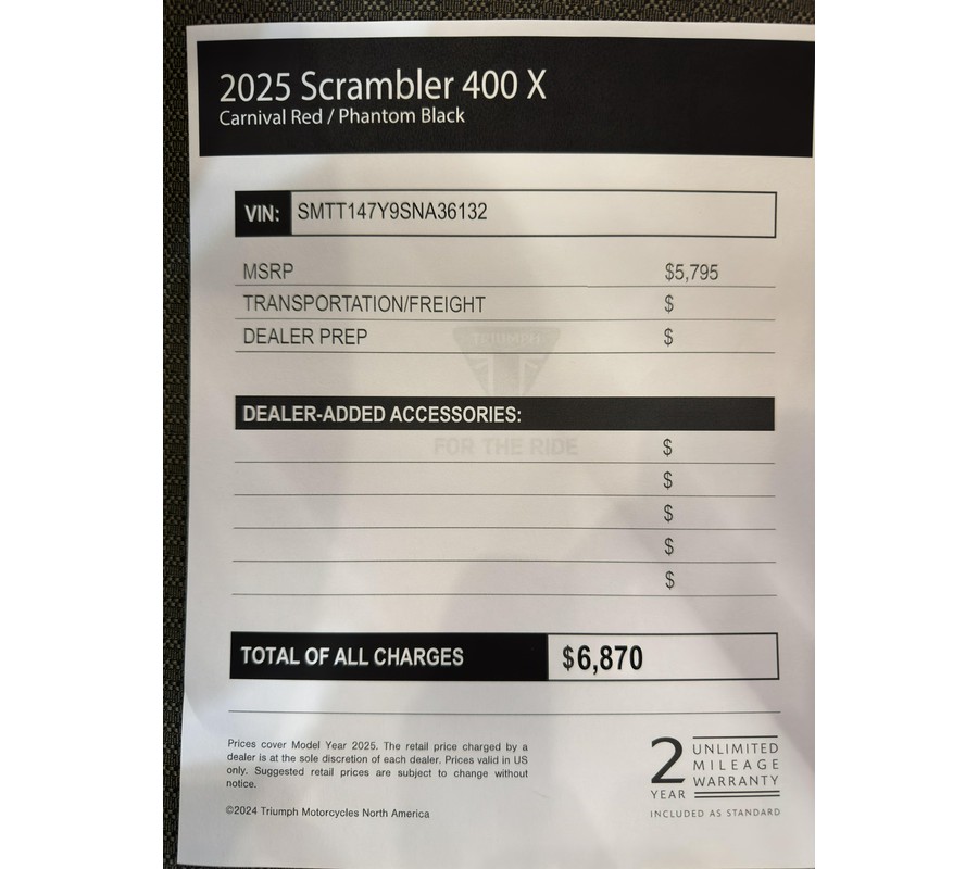 2025 Triumph SCRAMBLER 400 X - CARNIVAL RED - PHANTOM BLACK
