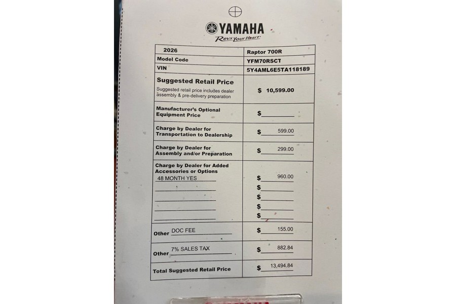 2026 RAPTOR 700R - Yamaha