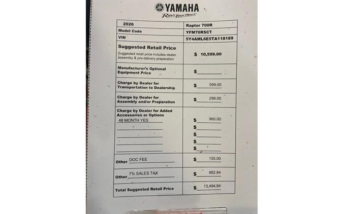 2026 RAPTOR 700R - Yamaha