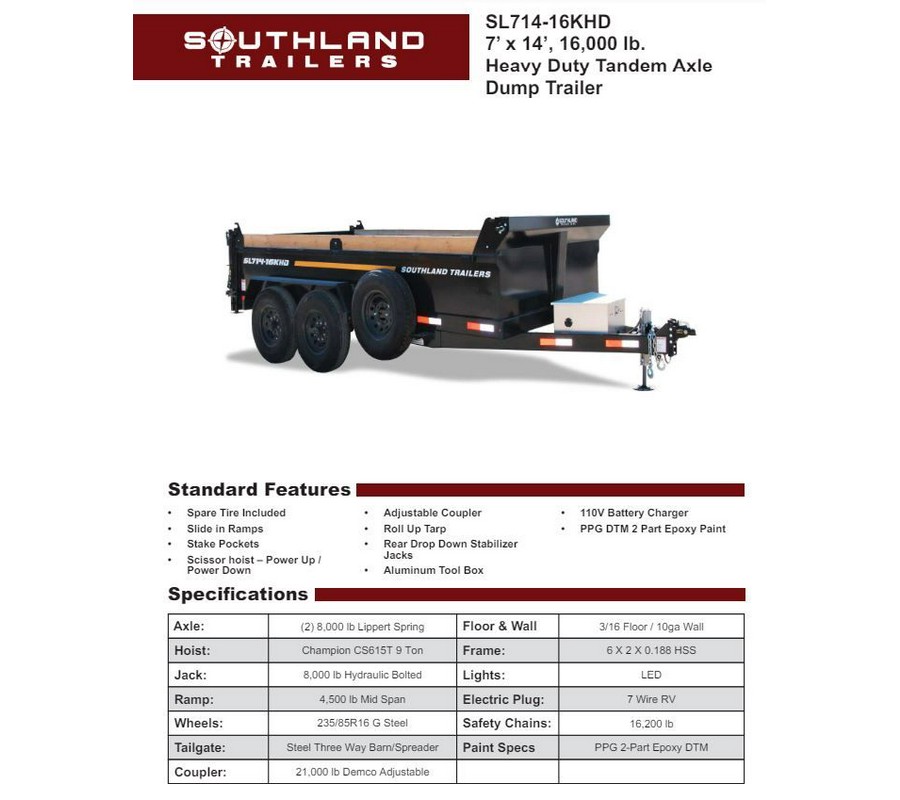 2024 SOUTHLAND TRAILER CORP 7X14X2 - 16K HD DUMP SL714