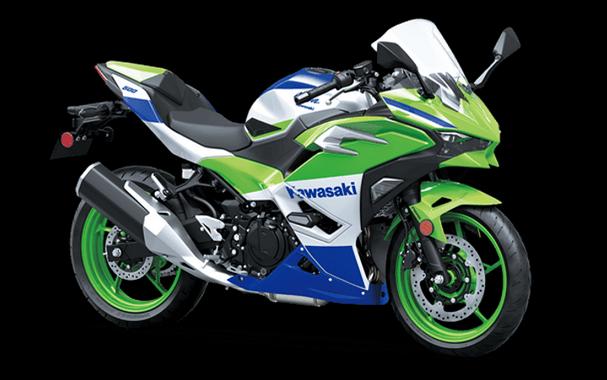 New 2024 KAWASAKI NINJA 500 SE 40TH ANNIVERSARY EDITION LIME GREEN AND PEARL CRYSTAL WHITE AND BLUE