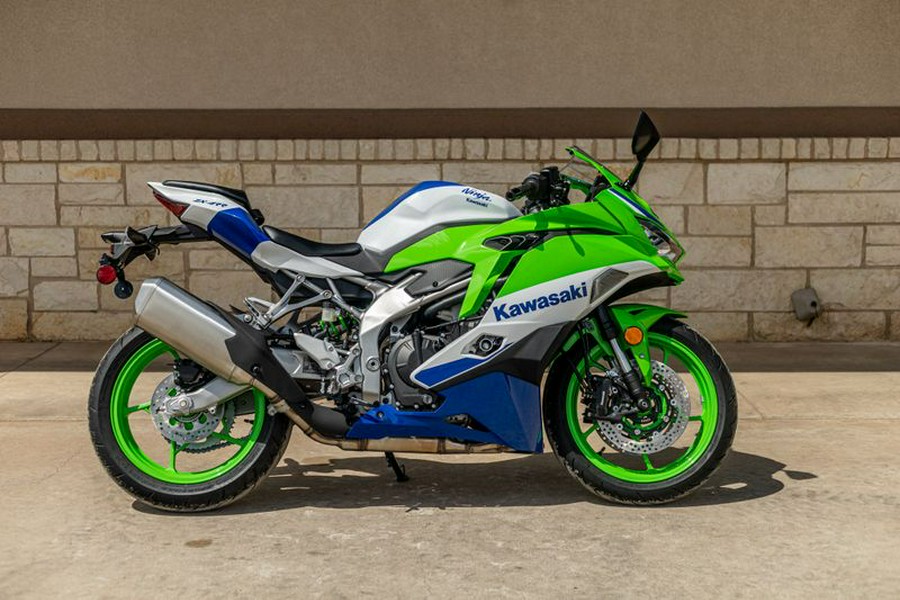 New 2024 KAWASAKI NINJA ZX4RR 40TH ANNIVERSARY EDITION ABS LIME GREEN AND PEARL CRYSTAL WHITE AND BLUE