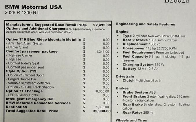 2026 BMW Motorrad R 1300 RT Option 719 Blue Ridge Mountain Metallic
