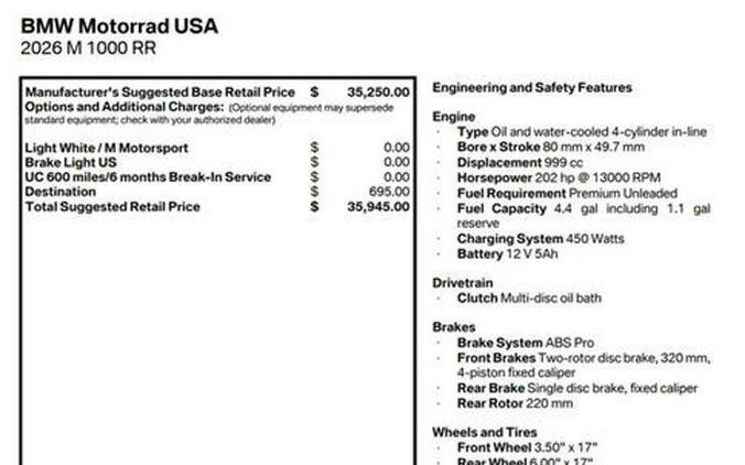 2026 BMW M 1000 RR Light White / M Motorsport