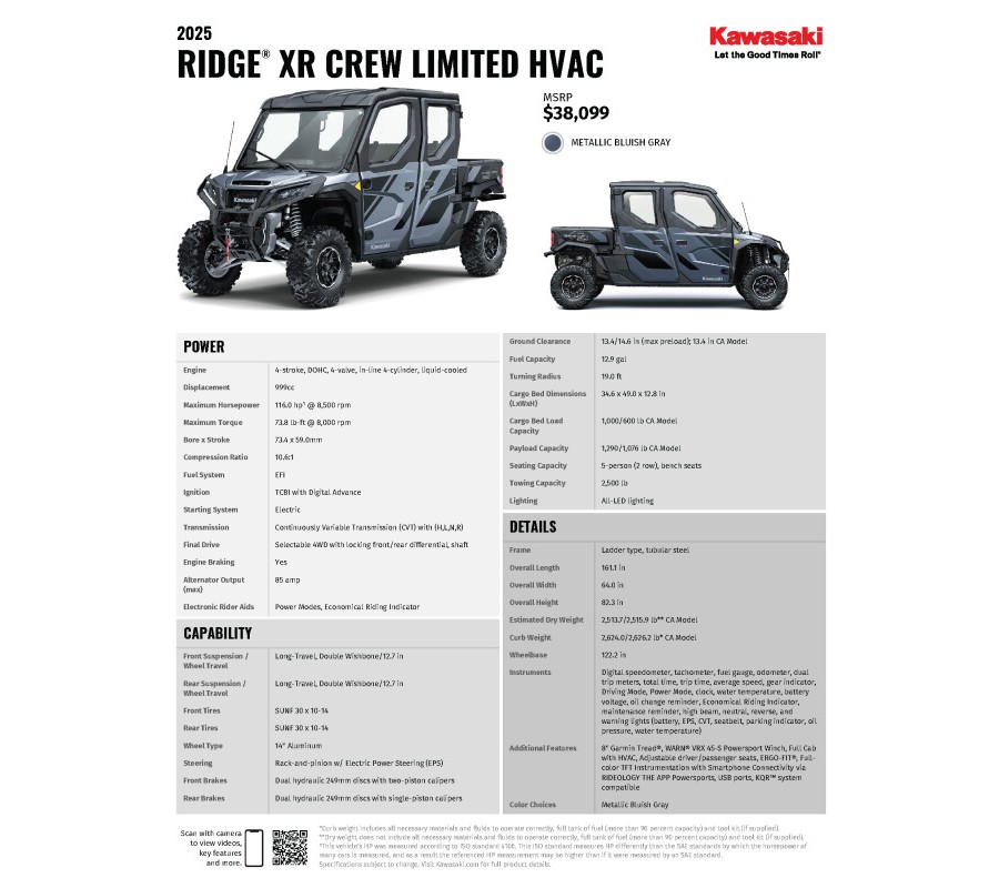 2025 Kawasaki RIDGE® XR Crew HVAC Metallic Graystone