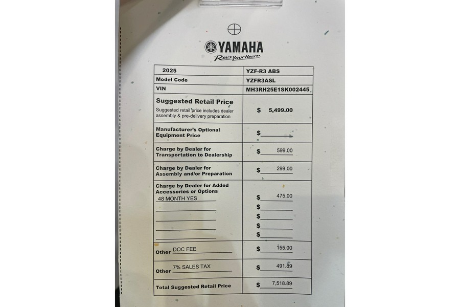 2025 Yamaha YZFR3 R3