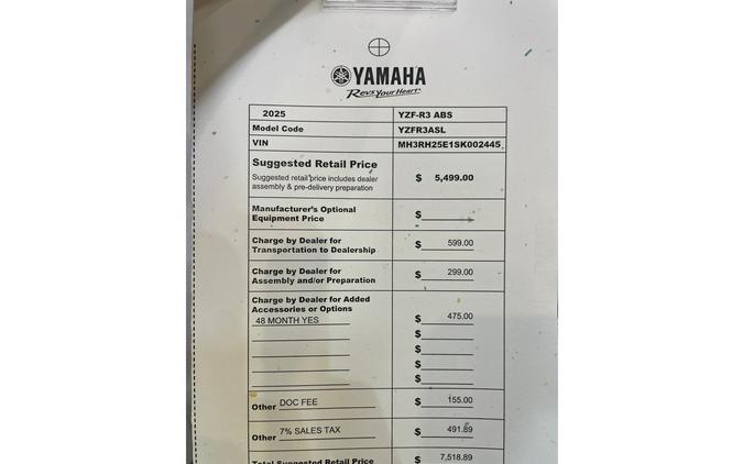 2025 Yamaha YZFR3 R3