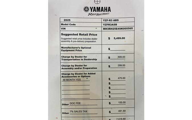 2025 Yamaha YZFR3 R3