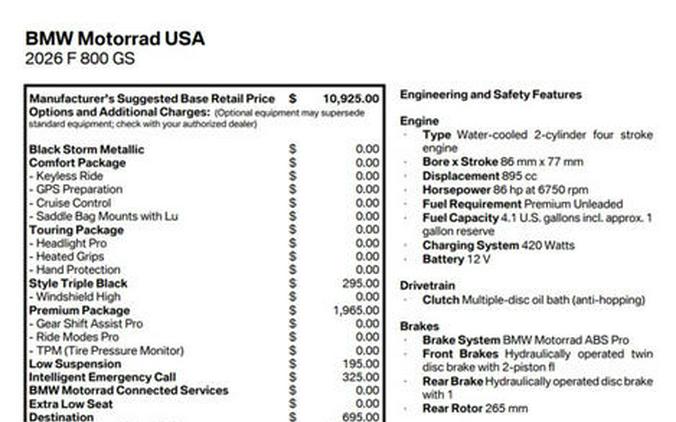 2026 BMW F 800 GS Triple Black Low Seat