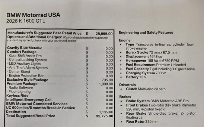 2026 BMW Motorrad K1600 GTL - $1,500 Cash Rebate