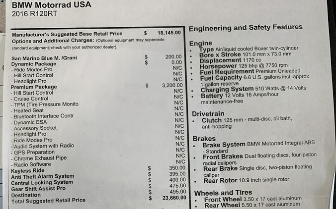 2016 BMW R1200RT PREMIUM PACKAGE