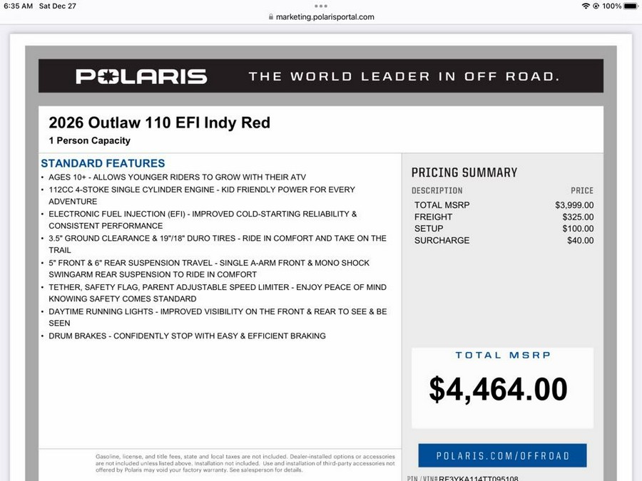 2026 Polaris Outlaw® 110 EFI