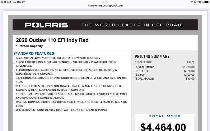 2026 Polaris Outlaw® 110 EFI